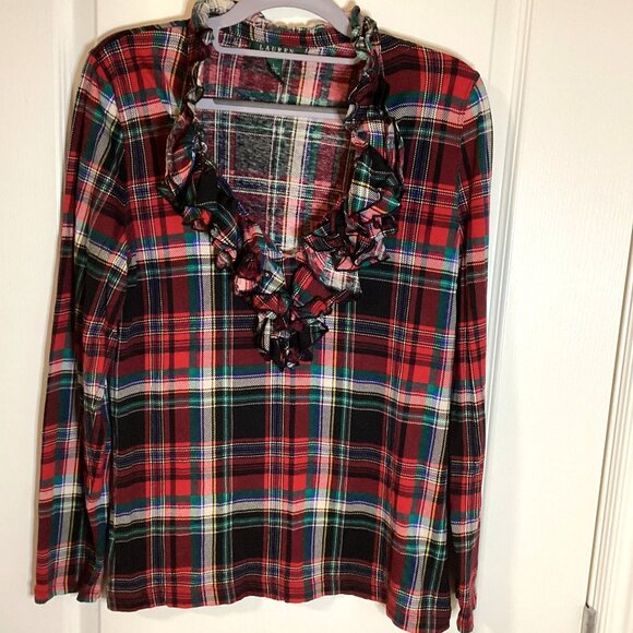 Lauren Ralph Lauren Women's Red Tartan Plaid Top Long Sleeve Blouse With Ruffles - Picture 2 of 8